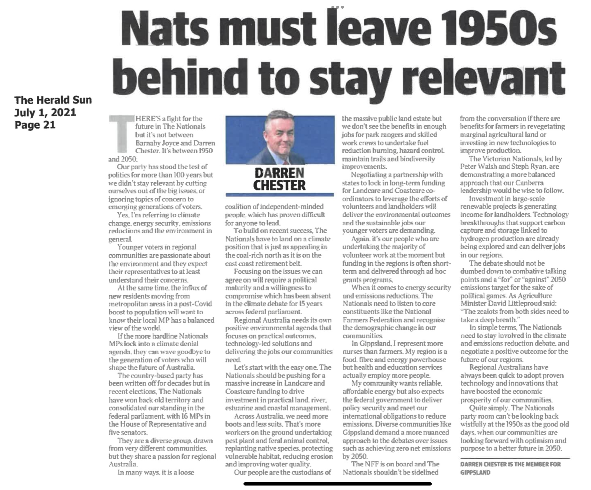 ‘Nats must leave 1950’s behind to stay relevant’ opinion piece by Darren Chester from July 2021 in the Herald Sun